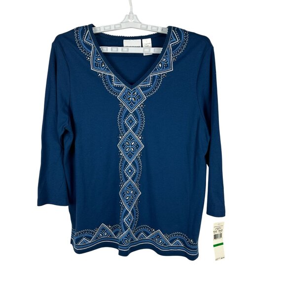 Alfred Dunner Womens Lapis Blue Embroidered V-Neck Top Size L - Picture 1 of 8